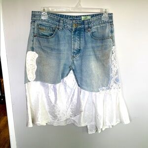 Upcycled Denim and White Lace Skirt
